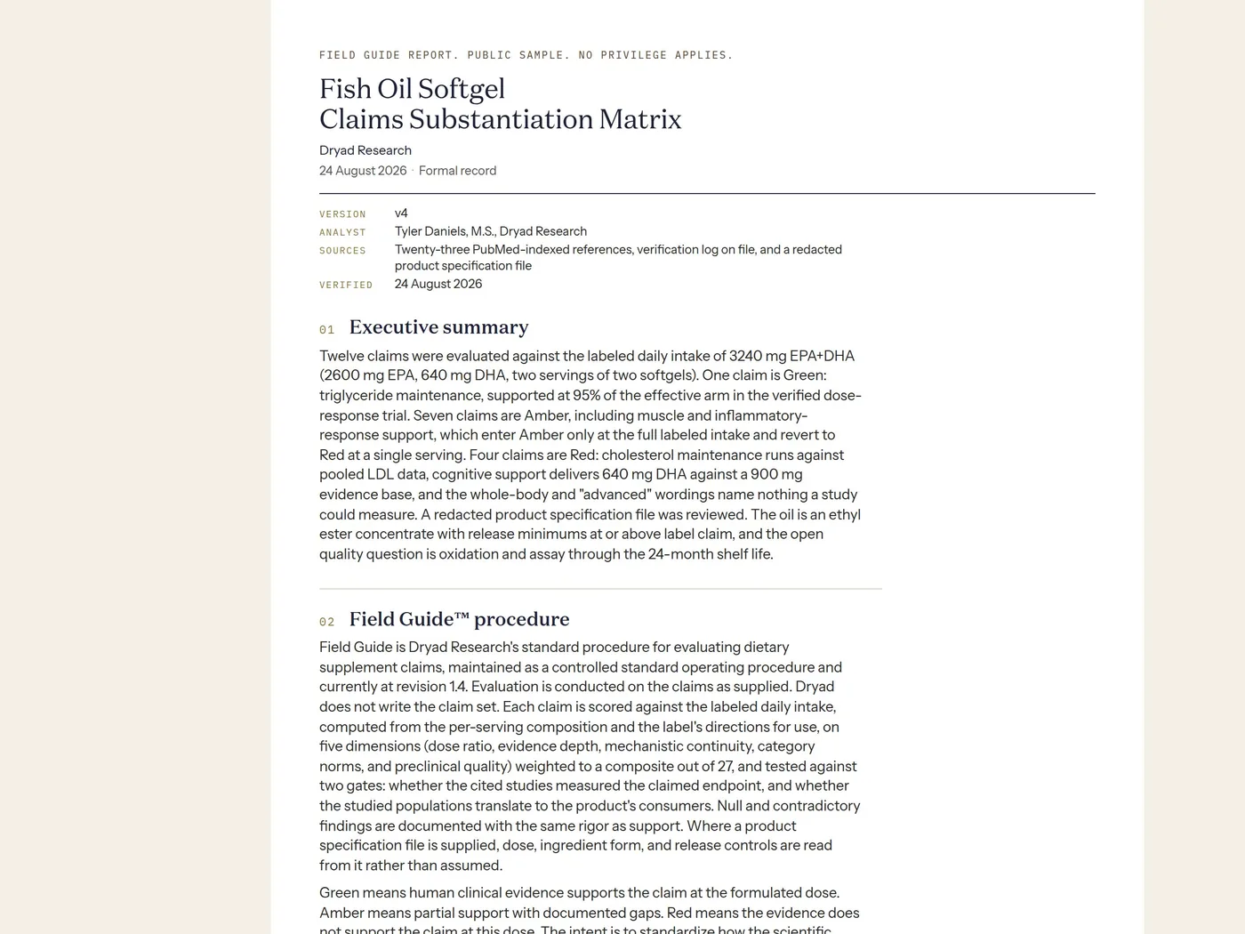 Header of the fish oil claims substantiation matrix